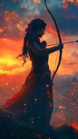 Sunset archer poised above a glowing ember-lit cityscape.