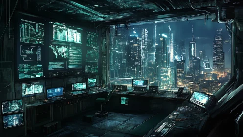 Cyberpunk command center overlooking neon city skyline.