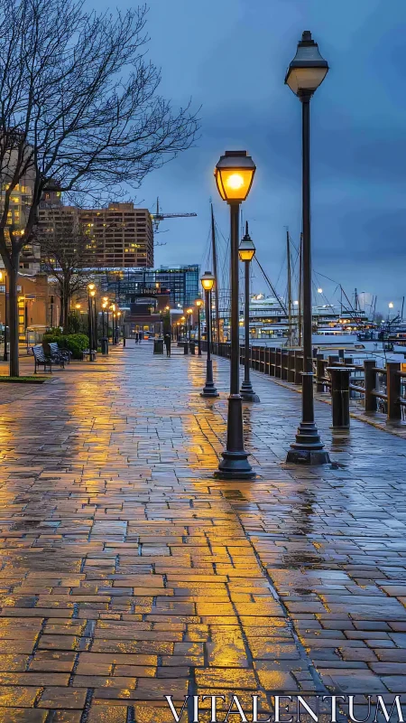 Wet harbor promenade at dusk with glowing streetlights.
