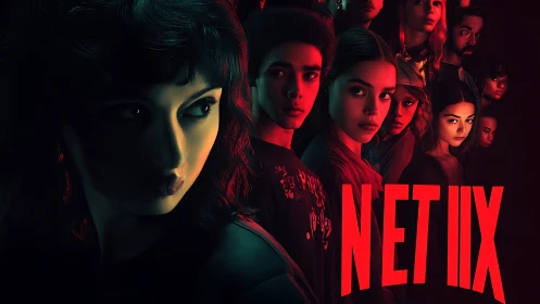 Moody neon-lit faces gathered in a suspenseful red glow.