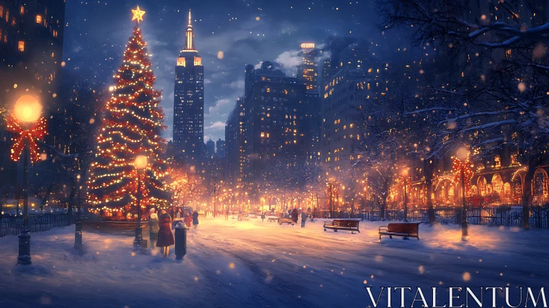 Snow-covered city park displays illuminated Christmas tree