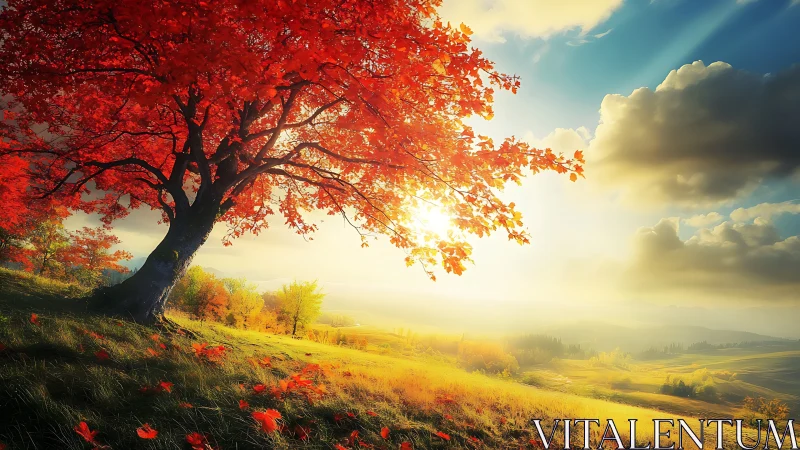 Sunlit autumn tree stands on a grassy hillside at sunrise