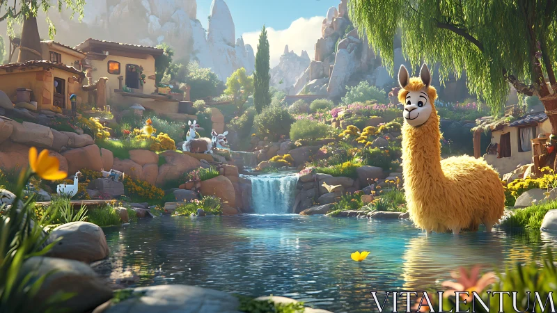 Cartoon llama in landscaped village valley with pond and falls.