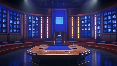 Futuristic control room with central command table and screens.