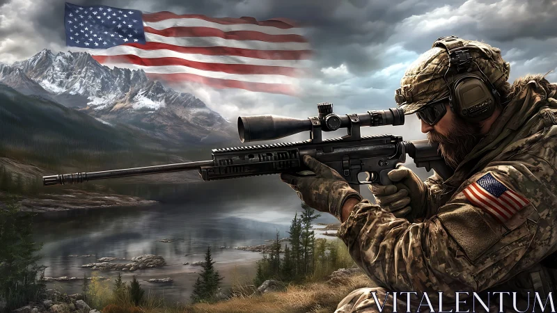 Precision Marksman in Mountainous Terrain with Scoped Rifle Configuration.