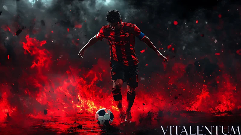 Soccer player controls ball amid stylized red flame field