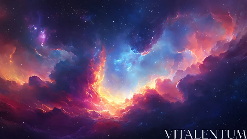 Cosmic nebula sky with vibrant swirling stellar clouds.