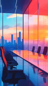 Modern Executive Suite: Sunset Cityscape Through Glass.