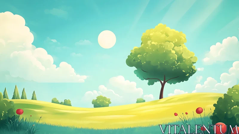 Cartoon landscape with tree, rolling hills and bright sky.