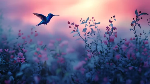Hummingbird drifting through dreamy pink and blue dusk.