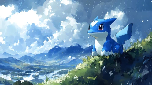 Blue creature on rainy hillside overlooking wide valley.