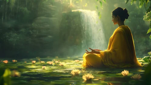 Woman meditating by waterfall in tranquil lotus pond scene.