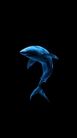 Luminous blue neon shark silhouette on deep black void background