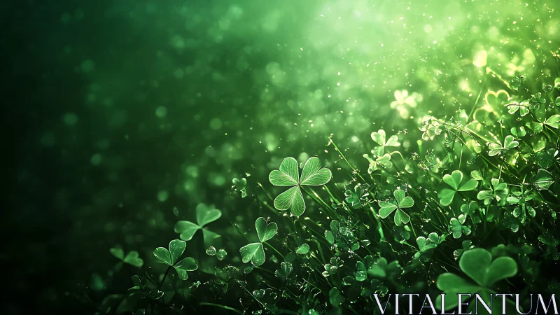 Shimmering clover meadow bathed in soft emerald light.