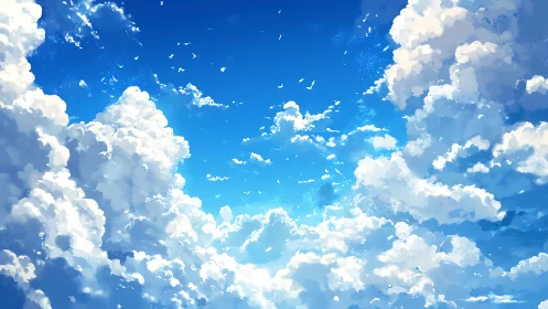 Sunlit summer sky wrapped in billowing, daydreamy clouds.