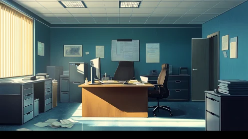 Sunlit corporate office interior with central executive desk.