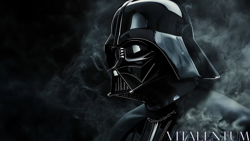 Black armored helmeted figure in smoke on dark background.