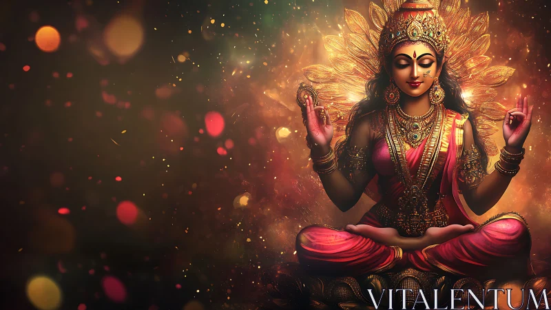 Golden goddess in meditative firelight and swirling embers.