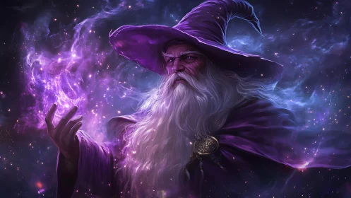 Digital painting of arcane wizard in nebular chromatic vortex.