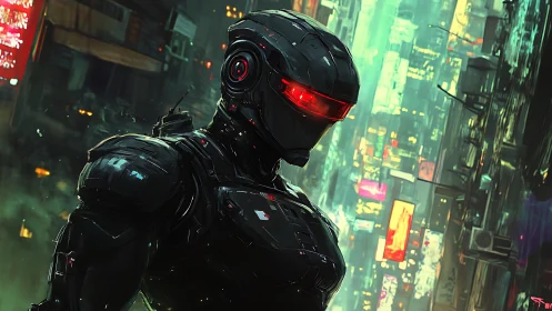 Cybernetic enforcer patrols neon-drenched future megacity.