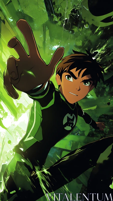 Dynamic anime hero lunges forward through green energy shards