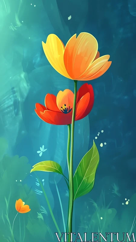 Vibrant Tulips Against Teal Gradient Background. Digital Botanical Art.