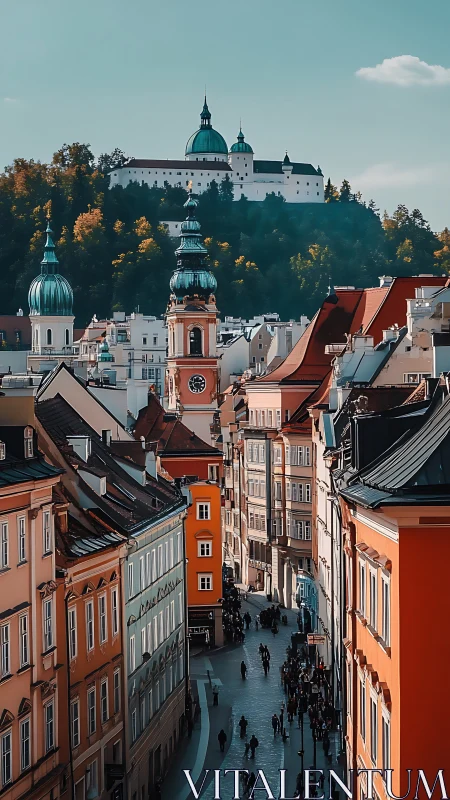 Sunlit old-town promenade crowned by hilltop castle calm.