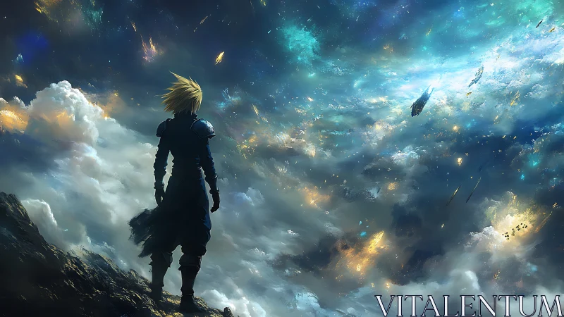 Solitary armored figure surveys luminous cosmic cloudscape horizon