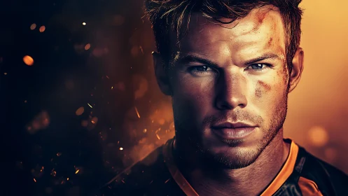 Battle-worn male portrait in warm cinematic rim lighting glow