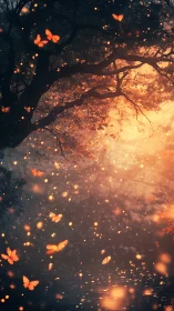 Backlit forest canopy with glowing butterflies and volumetric bokeh field