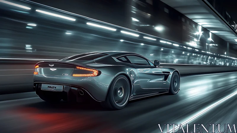 High-speed grand tourer on wet neon-lit tunnel expressway