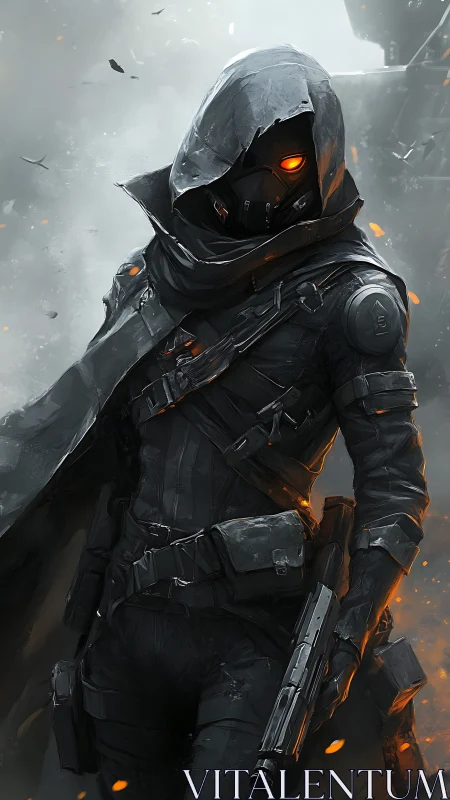 Hooded cyber assassin strides through embers and smoke