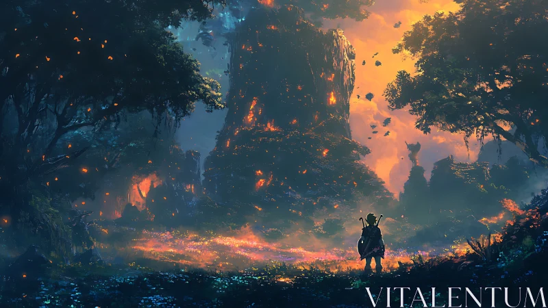 Armored figure observes massive blazing chasm in dark volcanic landscape.