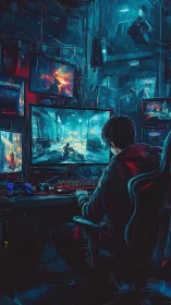 Neon gamer drifts through rain‑lit cyber city screens.