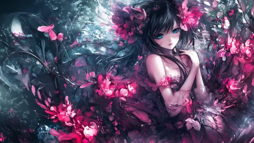 Midnight blossom girl resting in a storm of pink petals.