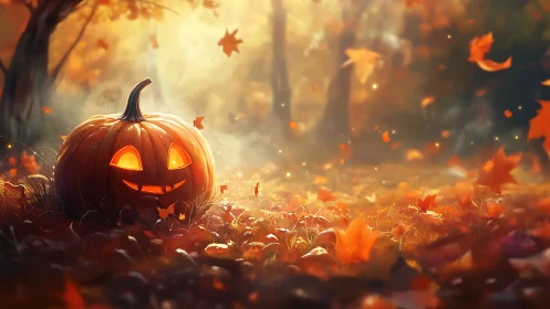 Glowing jack-o’-lantern smiles warmly in a misty autumn grove