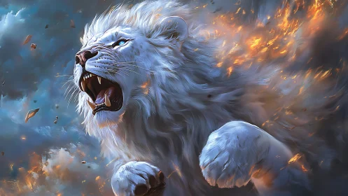 White lion in dynamic charge rendered as ethereal firestorm