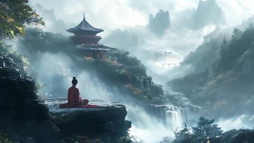 Solitary robed meditator above misted waterfalls and temple