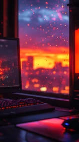 Cozy gaming desk glowing against a dreamy neon sunset.