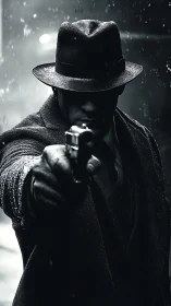 Shadowy noir stranger in the rain, poised in tense silence.