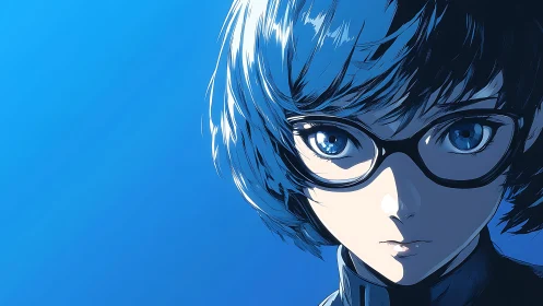 Blue-haired anime girl stares ahead with intense resolve.