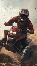 Off-road ATV rider powers through dynamic dusty terrain.