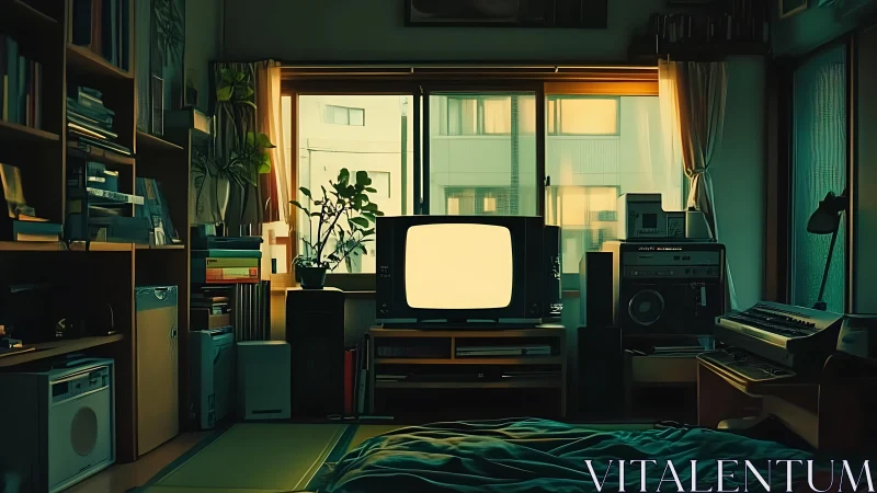 Retro CRT television anchors moody, neon-lit bedroom interior