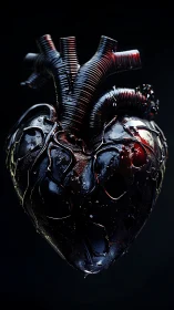 Cybernetic black heart sculpture with glossy tubing detail.
