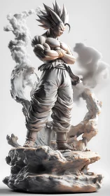 Stylized muscular warrior statue amid swirling stone clouds.