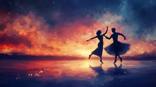 Silhouetted ballet dancers move across vivid sunset shoreline