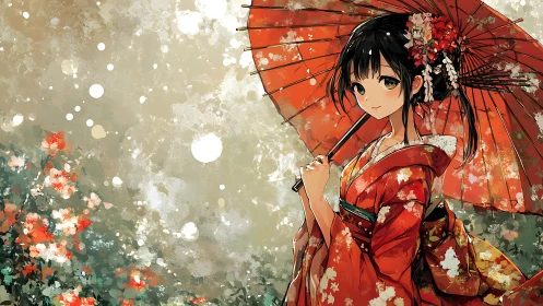 Girl in red kimono holding umbrella in floral garden.