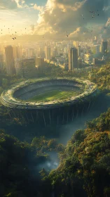 Sunlit city stadium cradled between towers and forest.