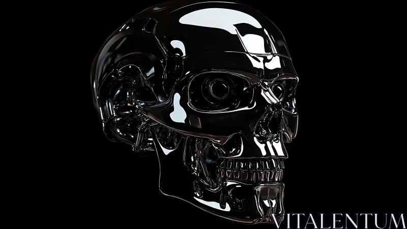Chrome metallic skull render on black isolated background.