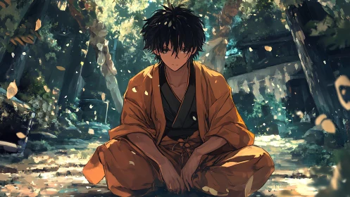 Calm anime boy meditating in sunlit forest temple garden.